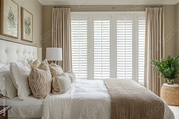 Obraz Elegant white plantation shutters bring a luxurious and serene ambiance to a cozy bedroom.