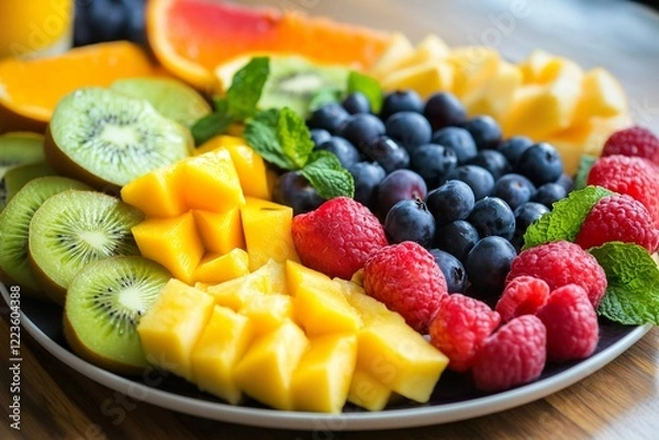 Fototapeta Colorful fruit platter with assorted fresh fruits in a bright setting