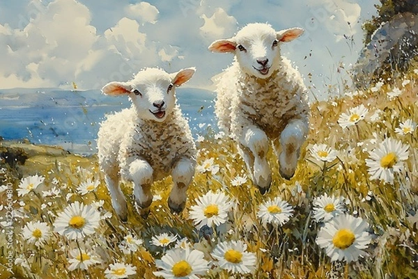 Fototapeta Artistic watercolor a pair frolicking lambs in a spring meadow, jumping over daisies
