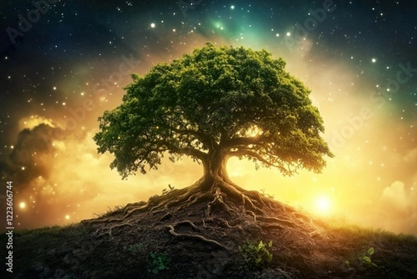 Fototapeta Majestic tree under a starry sky with cosmic backdrop