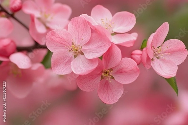 Fototapeta Close-up of pink cherry blossoms against a blurred background