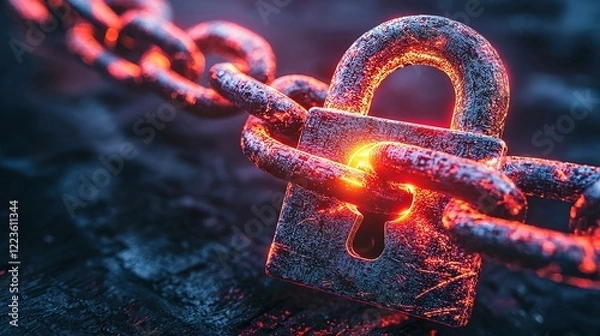Fototapeta Breaking free a glowing padlock shattering red ransomware chains digital security virtual environment close-up view