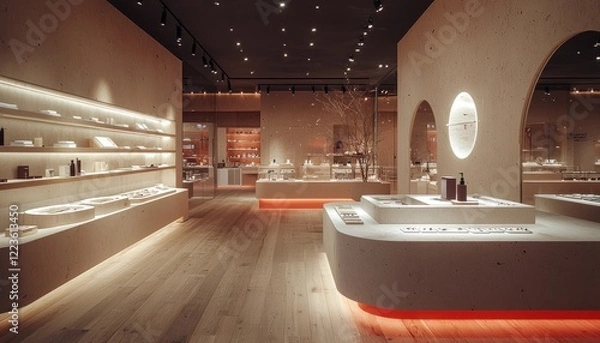 Obraz Modern, minimalist retail store layout with colored recessed lighting details, highlighting an innovative approach to store design.