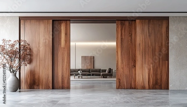 Obraz Single panel sliding door rendered in 3D, featuring iroko veneered wood.