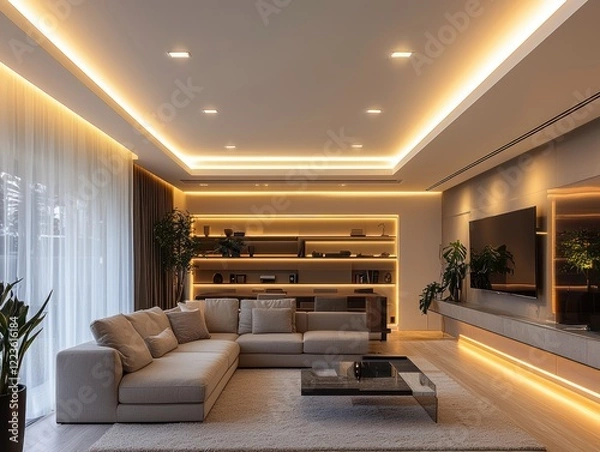 Obraz Sleek recessed ceiling design with integrated LED strip lighting, offering subtle illumination in a modern interior.