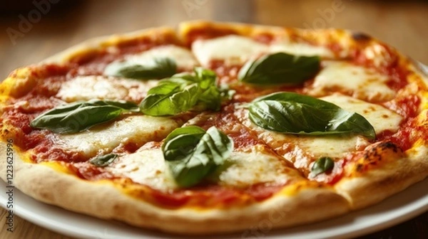 Fototapeta A classic Margherita pizza with a golden, crispy crust, topped with fresh basil