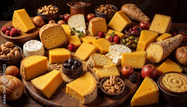Fototapeta Cheese platter, warm ambiance, showcasing Queijo da Serra cheese, with nuts and fruits in rustic setting