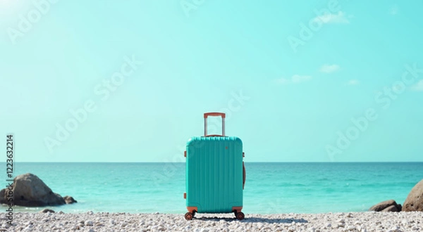 Fototapeta Turquoise Suitcase on a Tropical Beach. Embark on a Relaxing Getaway.