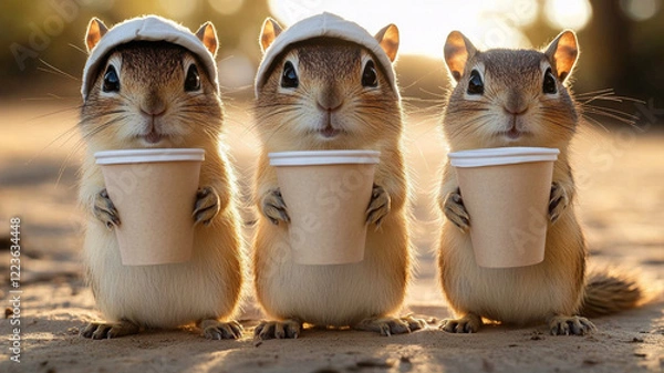 Obraz three cute gophers drinking coffee