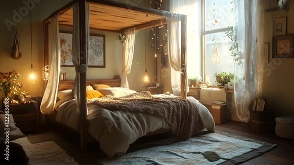 Fototapeta A cozy bedroom with a wooden canopy bed, textured throws, and warm ambient lighting.