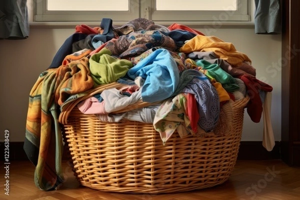 Fototapeta Wicker laundry basket overflowing with a large pile of dirty clothes is placed on a wooden floor