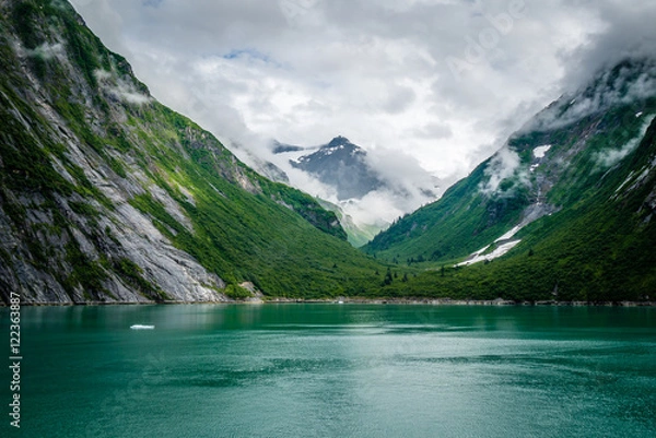 Fototapeta Fog clearing over emerald green, glacier-fed water at Tracy Arm,
