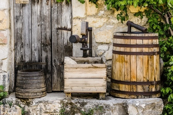 Fototapeta Ancient Nut Press A historical nut oil press in a rustic village setting