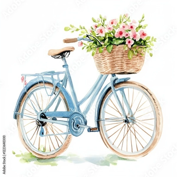Fototapeta Blue bicycle with a basket full of flowers