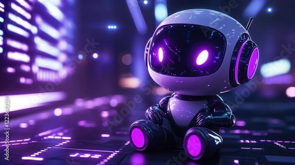 Fototapeta Cute robot sits in futuristic city; neon lights, digital background; AI, technology concept