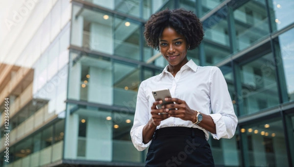 Obraz Young African businesswoman with short curly hair smiling and using smartphone outside modern office building while looking at camera, professional woman representing connectivity in modern workplace
