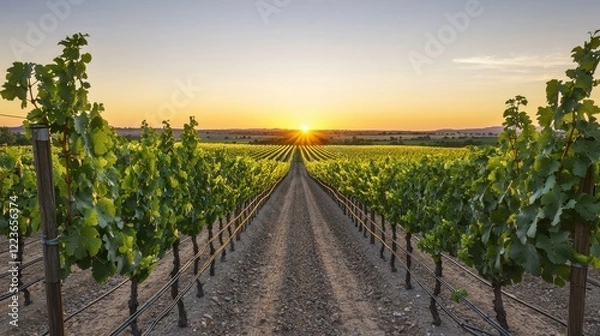 Obraz A serene vineyard landscape at sunset, showcasing rows of grapevines leading toward a golden horizon.