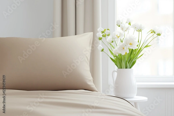 Fototapeta A cozy bedroom scene featuring a beige pillow on a neatly made bed, with a white vase of fresh white flowers on a small side table. Natural light filters through a window