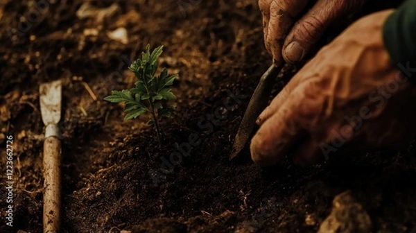 Obraz A close-up of hands planting a small sapling in rich, dark soil, with gardening tools nearby, symbolizing growth and a connection to nature.