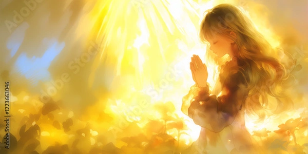 Obraz 祈りを捧げる少女。水彩画。　イラスト。挿絵素材。バナー素材。