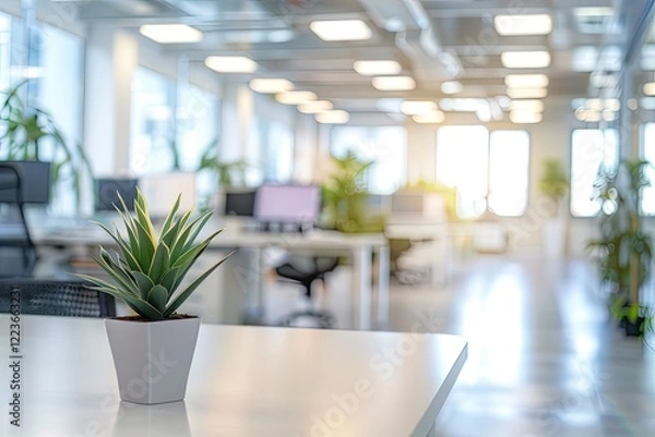 Fototapeta A stylish office space features a small potted plant on a desk, with bright sunlight illuminating the modern work environment filled with desks and computers