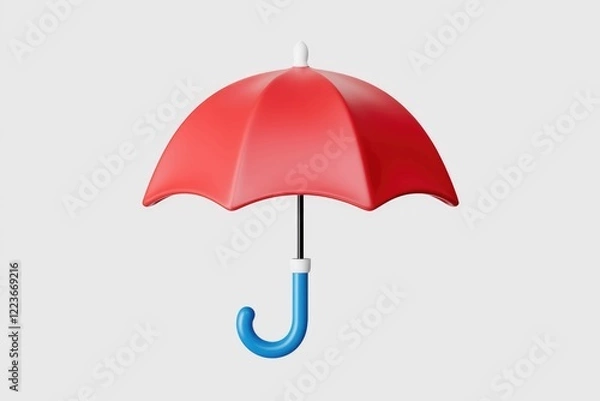 Fototapeta A simple red umbrella with a blue handle, isolated against a white background.