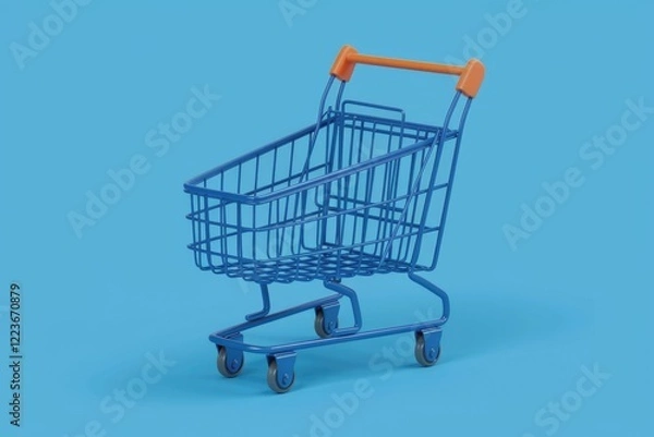 Obraz A blue shopping cart with orange handles on a blue background.