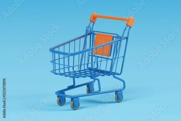 Obraz A blue shopping cart with orange handles on a blue background.