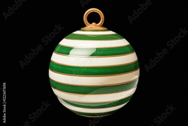 Fototapeta A green and white striped Christmas ornament with a gold ring.