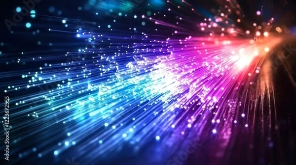 Fototapeta Colorful light rays from fiber optic strands on a dark background
