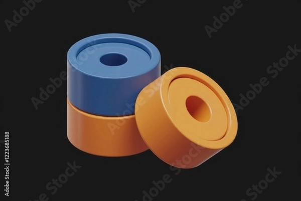 Obraz Three stacked cylindrical objects, blue and orange with a hole in the center