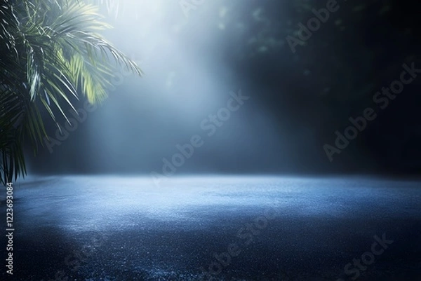 Obraz Tropical foliage with light beam and mist on reflective surface.
