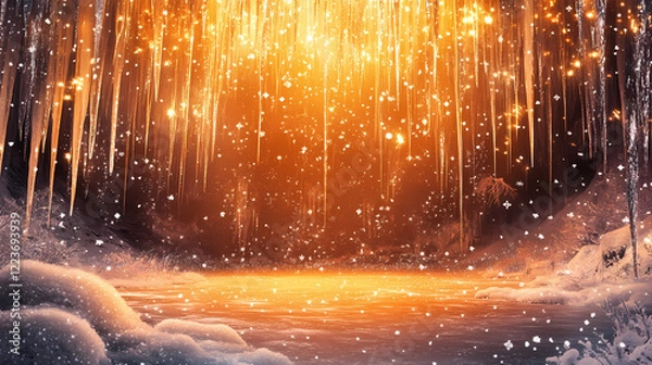 Fototapeta A serene winter landscape featuring a cavern with glowing orange light and icicles, creating a magical atmosphere. Sparkling Cavern. Illustration