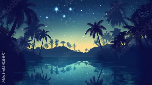 Fototapeta Serene tropical landscape with palm trees and a starry night sky reflecting on water. Starry Lagoon. Illustration