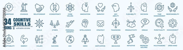 Obraz Soft and Cognitive Skills line editable icon set. Contains such Icons as Core Values, Empathy, Success,  Punctuality and more.