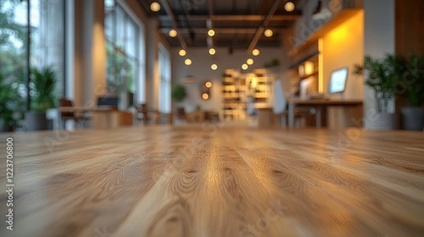 Fototapeta At night, a beautiful abstract blurred office interior room, a blurry working space with a defocused effect: Stock