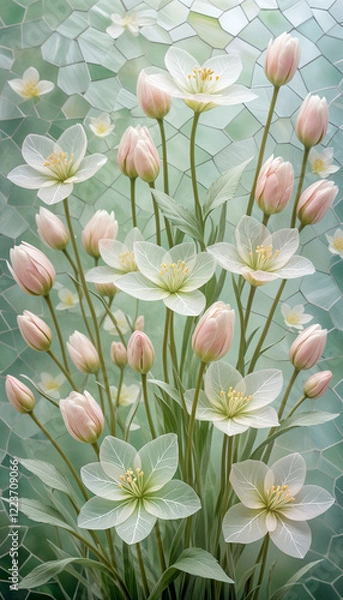 Fototapeta Delicate White Flowers with Soft Green Background