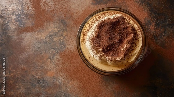 Fototapeta A classic tiramisu with layers of espresso-soaked ladyfingers and creamy mascarpone, topped with cocoa powder, Centered in a simple glass dish