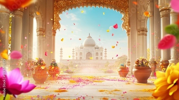 Fototapeta Indian Frame with Holi Colors, gold Patterns, Pots and Lotus Flowers in Hindu Temple with Domes. Copy space. Generative AI