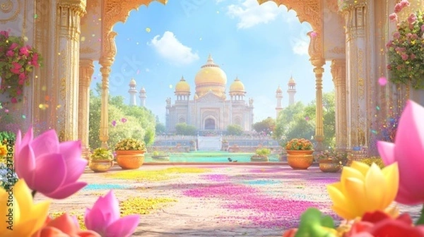 Fototapeta Indian Frame with Holi Colors, gold Patterns, Pots and Lotus Flowers in Hindu Temple with Domes. Copy space. Generative AI