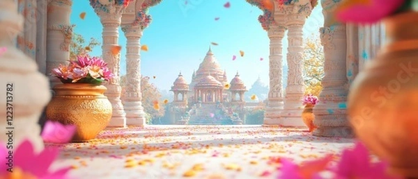 Fototapeta Indian Frame with Holi Colors, gold Patterns, Pots and Lotus Flowers in Hindu Temple with Domes. Copy space. Generative AI