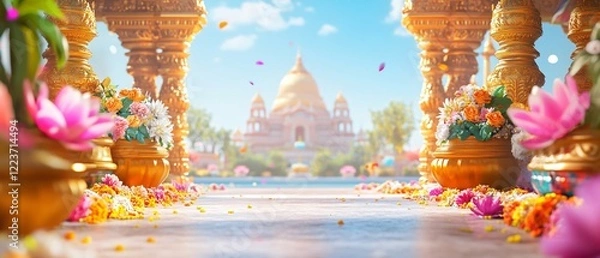 Fototapeta Indian Frame with Holi Colors, gold Patterns, Pots and Lotus Flowers in Hindu Temple with Domes. Copy space. Generative AI