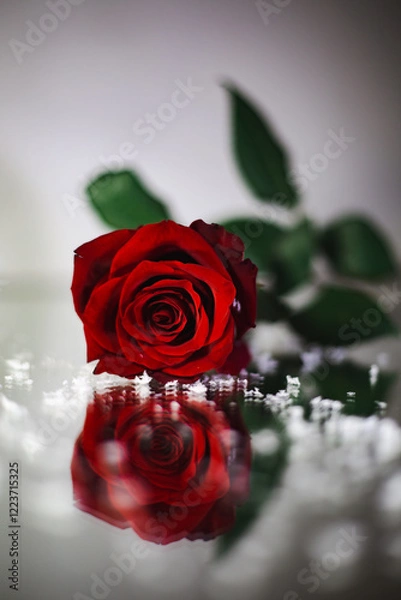 Obraz red rose in the mirror reflection