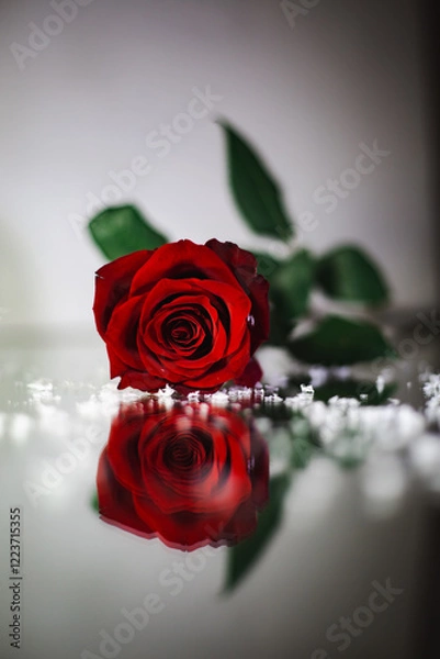 Obraz red rose in the mirror reflection