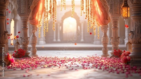 Fototapeta Indian Palace Courtyard with Wedding Decorations, Roses, Jasmine, Pillars, flowing Canopies and Lanterns. Copy space. Generative AI