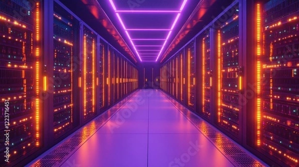 Fototapeta Neon-Lit Server Room: A Glimpse into the Digital Core