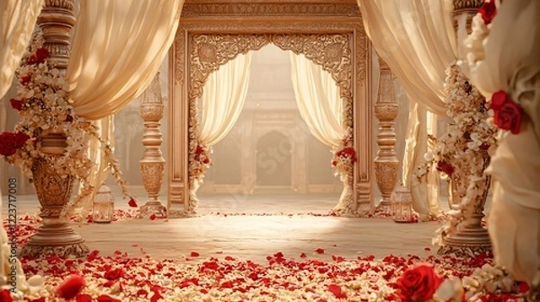 Fototapeta Indian Palace Courtyard with Wedding Decorations, Roses, Jasmine, Pillars, flowing Canopies and Lanterns. Copy space. Generative AI