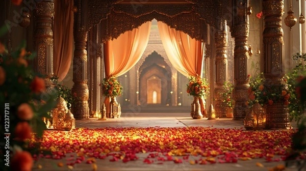 Fototapeta Indian Palace Courtyard with Wedding Decorations, Roses, Jasmine, Pillars, flowing Canopies and Lanterns. Copy space. Generative AI