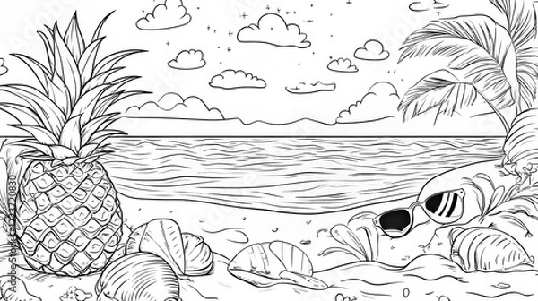 Fototapeta Seashells and pineapple in sunglasses on the seashore.Coloring book antistress for children and adults. Illustration isolated on white background.Zen-tangle style. Hand draw