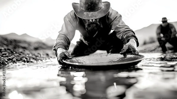 Fototapeta Close-up of rugged miners panning for gold in a muddy riverbed, faces etched with determination, black and white, authentic late 1800s aesthetic